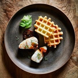 Kabeljauw met knolselderijwafels en morilles Kabeljauw met knolselderijwafels en morilles