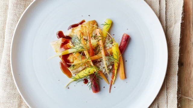 Maiskip met oerpeentjes en risotto van parelgort Maiskip met oerpeentjes en risotto van parelgort