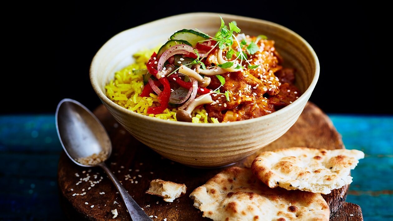 Vegetarische Tikka Masala met zoet zure paddenstoelen Vegetarische Tikka Masala met zoet zure paddenstoelen