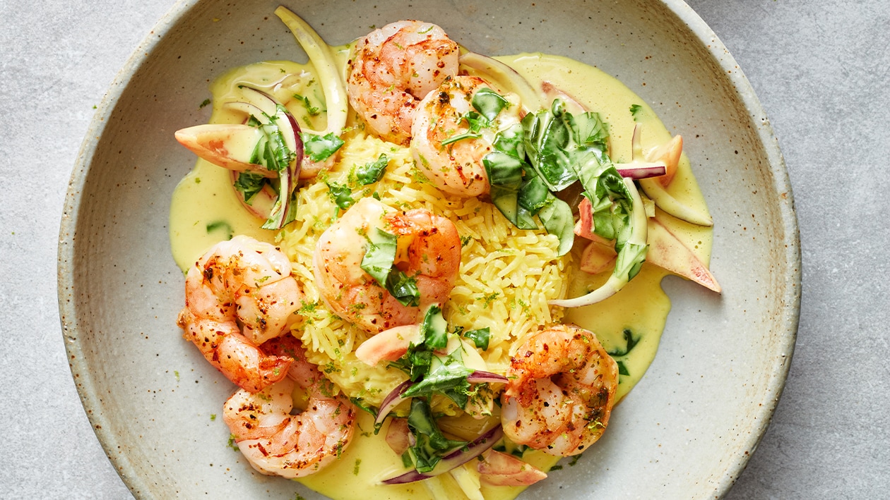 Grote garnalen met basmatirijst en Kerrie kokos saus – Recept