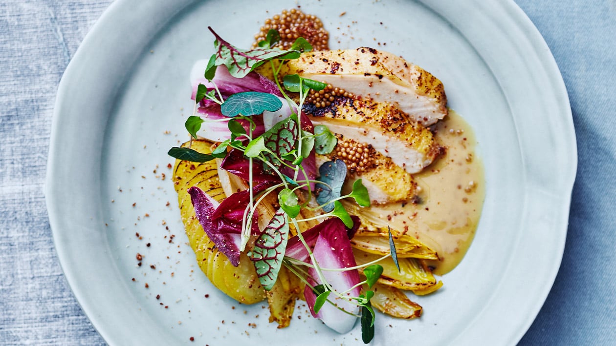 Maiskip met gebakken witlof, gekofijnte aardappel en romige mosterdsaus (op basis van kippenfond) – Recept