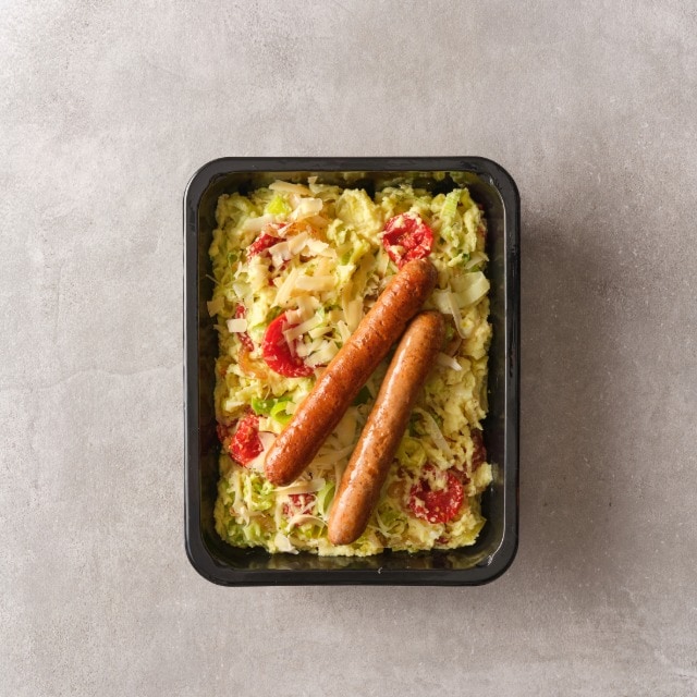 Lente prei stamppot met curry en merguez worstjes