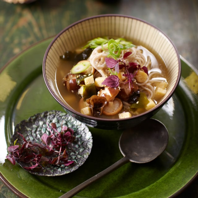 Soba noedelssoep uit Japan met shiso